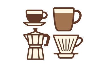 Collection of essential coffee brewing apparatus, serving cups, and accessories for a complete morning routine, depicting various methods of preparing and enjoying hot beverages