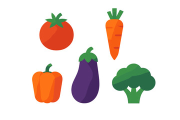 Fresh garden vegetables assortment with tomato, carrot, bell pepper, eggplant, and broccoli on a clean white background
