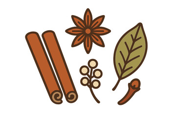 Assortment of aromatic cooking spices and herbs including cinnamon sticks star anise bay leaf and cloves