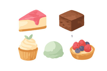 Assortment of delicious sweet desserts including cheesecake, chocolate brownie, cupcake, ice cream, and berry tart