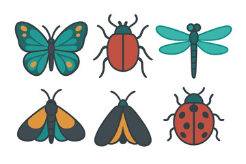 Diverse stylized flying and crawling insects: butterfly, beetle, dragonfly, moth, ladybug