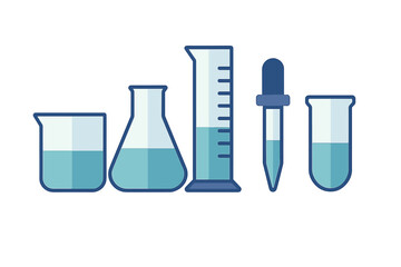 Essential scientific laboratory glassware set featuring beaker flask graduated cylinder dropper and test tube with blue liquid