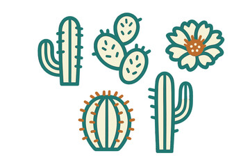 Stylized desert flora collection featuring various cactus species and a beautiful blooming flower on a clean white background, perfect for nature designs © Andrei