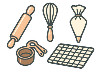 Assortment of essential baking tools including rolling pin, whisk, piping bag, measuring cups, and cooling rack