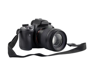 DSLR camera with strap and lens cap Isolated on a transparent background