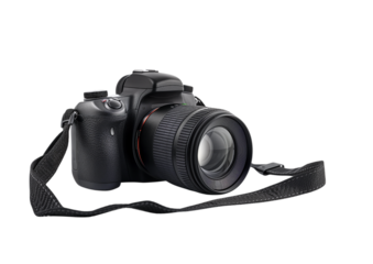 DSLR camera with strap and lens cap Isolated on a transparent background