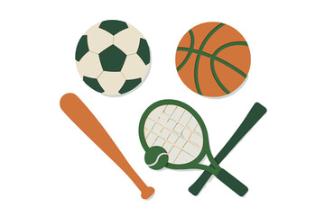 Collection of popular sports equipment including soccer ball basketball baseball bat tennis racket and ball