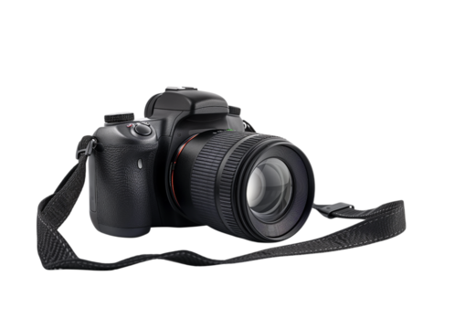 DSLR camera with strap and lens cap Isolated on a transparent background