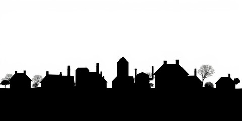 Fototapeta premium Black silhouette of houses forming a country skyline against a white background, real estate, dwelling