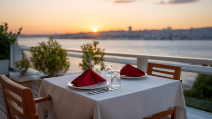 Obraz premium Romantic seaside dinner setup for two at sunset with elegant red napkins