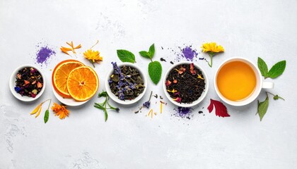 Assorted loose leaf teas in small bowls, topped with herbs and flowers, with a cup of tea