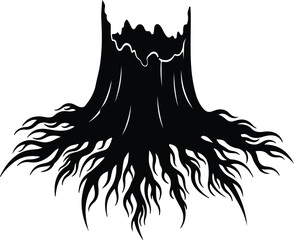 Vector Stump with roots black and white silhouette Illustrator