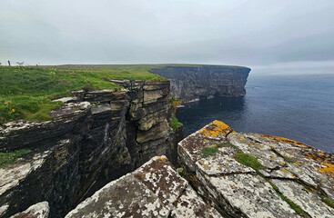 Wonderful views of the cliffs with islands and birds in the Scottish Highlands near Thurso