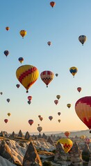 Obraz premium Vibrant hot air balloons ascend over surreal geological formations during a breathtaking sunrise adventure