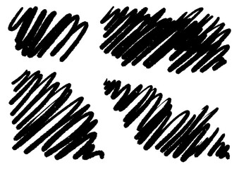 Set of four hand-drawn abstract scribbles in an expressionist style. Chaotic black marker pen strokes and messy textures isolated on a white background