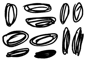 A collection of hand-drawn scribble ovals and messy ellipse shapes. Abstract chaotic marker sketch elements for creative design projects