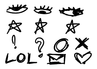 Collection of Simple Hand-Drawn Icons and Symbols, Including Eyes, Stars, Question Marks, and Heart, Perfect for Graphic Design and Creative Projects