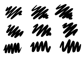 Abstract artistic scribbles and doodles, black ink brush strokes on a white background