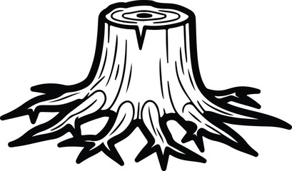 Vector Tree stump with roots black graphic silhouette Illustrator