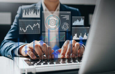 Businessman using AI for business automation, data analysis, and management, Businessman using laptop with AI virtual screen for business process automation.