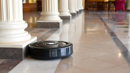 A robotic vacuum cleaner operates on a polished marble floor in a grand hall with classical columns.