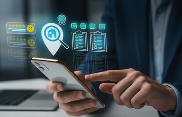 Mobile Management of Property and Customer Feedback, Smartphone interface shows real estate, tasks, and review icons