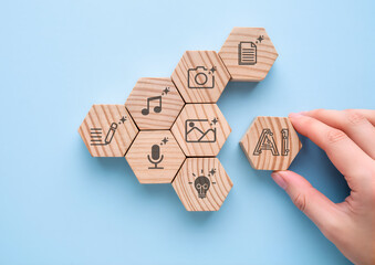 Creative Media Icons with AI Integration Concept, Hand selects AI block among icons for music, photo, voice, and ideas
