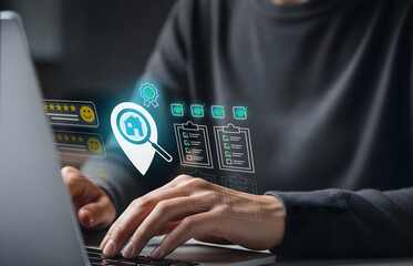 Digital Property Search and Service Evaluation Interface, Laptop shows icons for real estate, tasks, and customer reviews