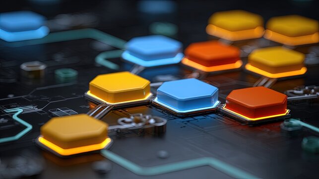 Closeup View Glowing Hexagon Buttons On Circuit Board - Powered by Adobe
