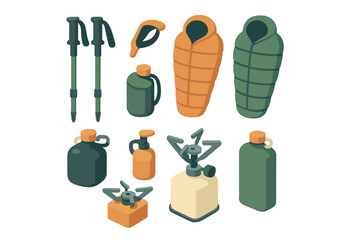 Essential camping and hiking equipment for outdoor adventures and wilderness exploration with sleeping bags and portable stoves