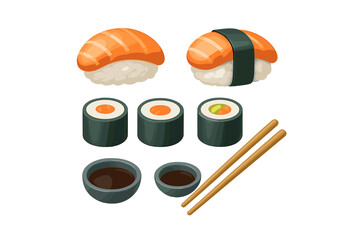 Traditional Japanese sushi assortment with maki rolls, nigiri, soy sauce, and chopsticks on a clean white background © Andrei