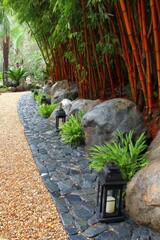 Meandering pathway lined with dark grey stone tiles, bordered by gravel and flanked by a vibrant red bamboo grove, creating a serene and tranquil outdoor scene.