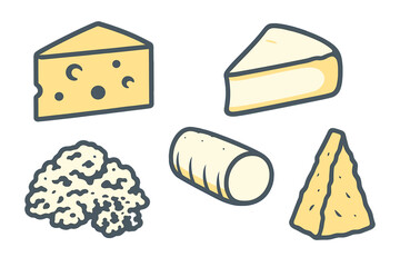 Assortment of various cheese types including Swiss, Brie, Parmesan, and cottage cheese on a clean white background