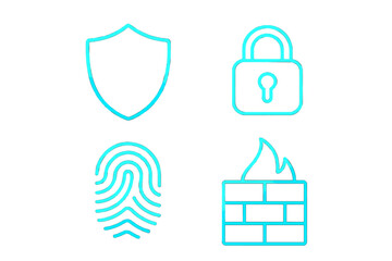 Cybersecurity and data protection symbols featuring shield, padlock, fingerprint, and firewall for digital safety