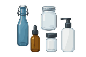 Assortment of empty glass and plastic containers including various bottles, jars, and a pump dispenser for liquids