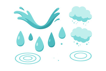 Stylized water drops, dynamic splashes, rain clouds, and surface ripples for weather and liquid design