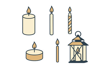Lit candles in various shapes and sizes, including pillar, taper, tea light, and a decorative lantern with a burning flame