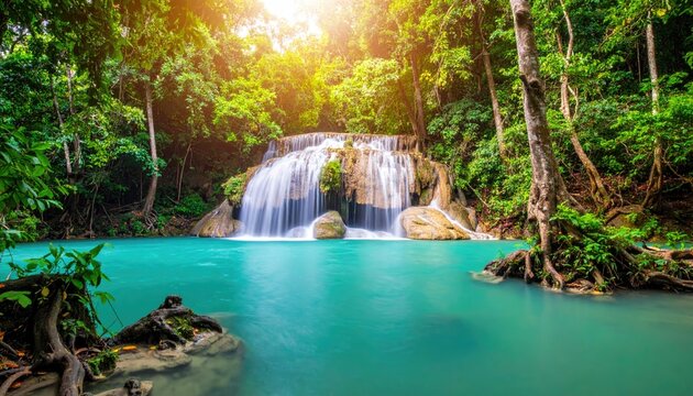 Lush waterfall cascading into turquoise pool, surrounded by vibrant jungle
