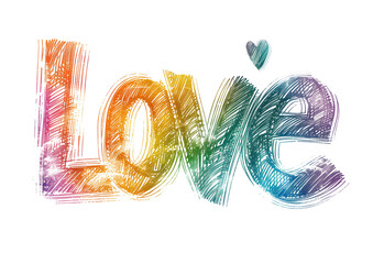 Hand-drawn love typography in rainbow colors Isolated on a transparent background