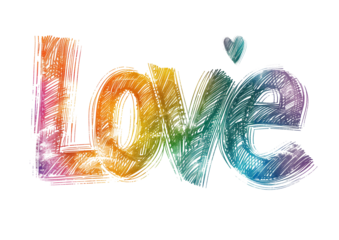 Hand-drawn love typography in rainbow colors Isolated on a transparent background