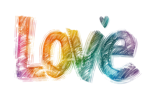 Hand-drawn love typography in rainbow colors Isolated on a transparent background