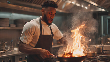 A focused Black male chef skillfully flames a dish in a professional kitchen, creating a vibrant display of fire and smoke.