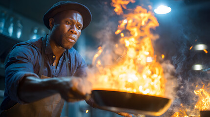 A skilled Black male chef expertly manages a flaming skillet in a modern kitchen, showcasing culinary artistry and passion.