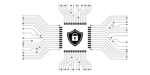 Digital technology concept, cyber security, data protection, internet network connection, prominent shield in HUD center on white background.