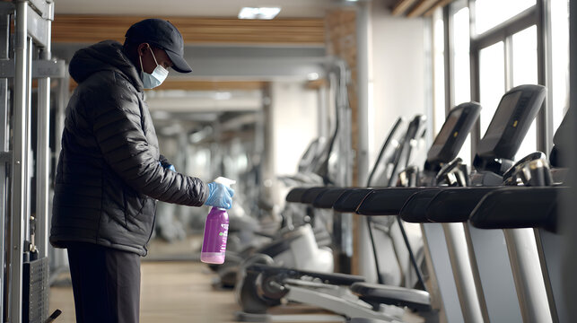 A Black male janitor in a mask cleans gym equipment with a spray bottle, ensuring a safe workout environment.