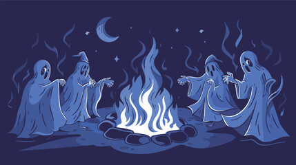 Group of ghosts wearing cloaks dancing together illustration