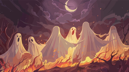 Group of ghosts wearing cloaks dancing together illustration