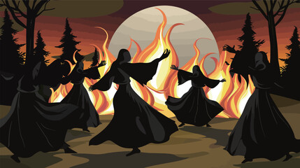 Group of ghosts wearing cloaks dancing together illustration