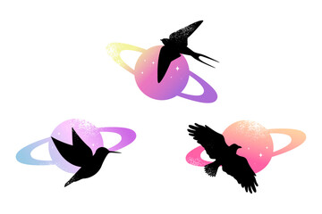 Set of celestial emblems with birds on Saturn planet silhouette. Vector illustration