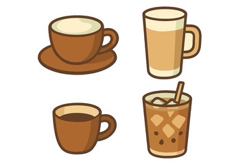 Collection of hot and cold coffee drinks including espresso, latte, and iced coffee in various cups and mugs